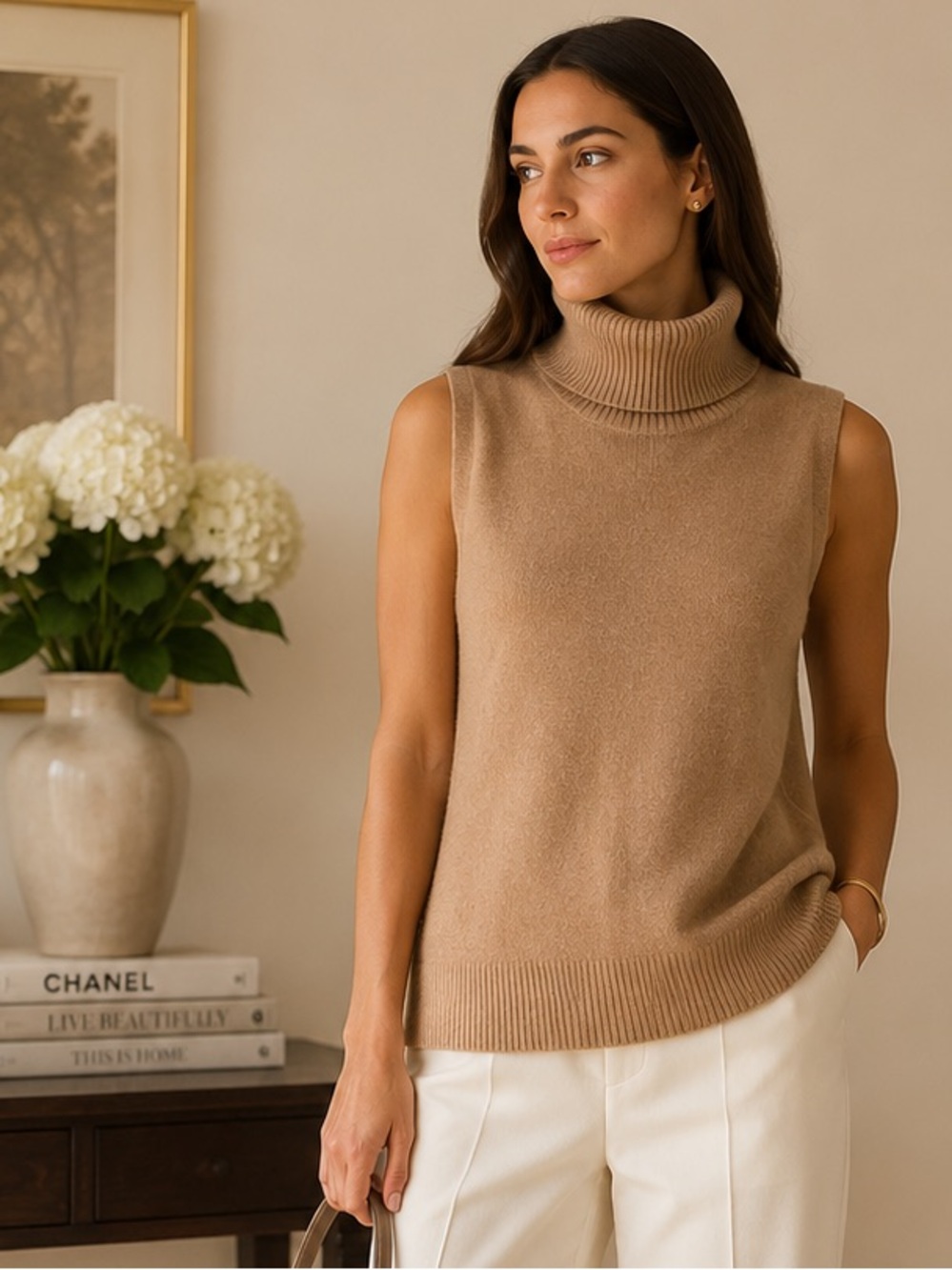 Valerie Separates 100% Cashmere Sleeveless Turtleneck Sweater Camel Tan Small